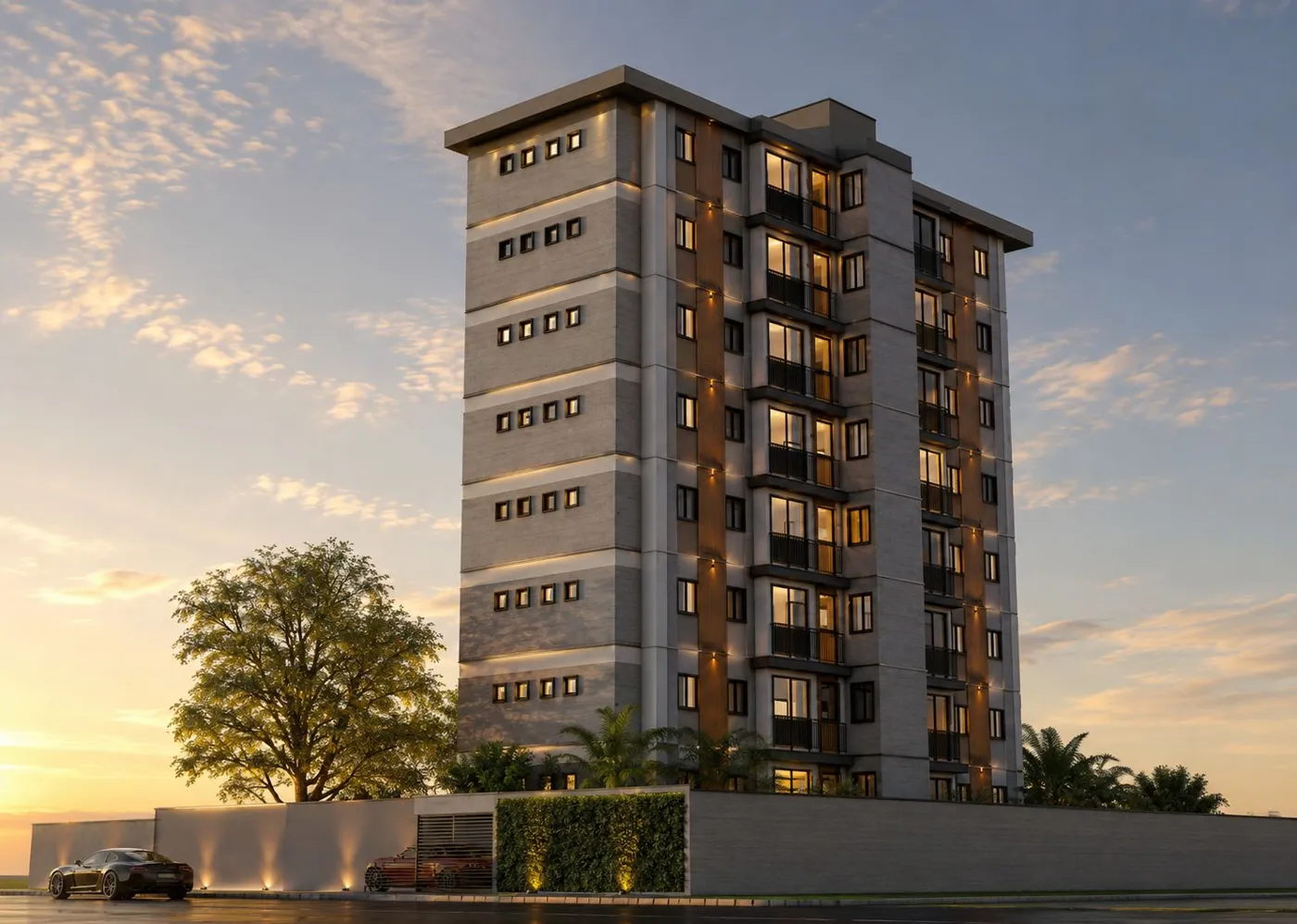 Torre do Liz Residencial ao entardecer, com fachada em concreto claro, madeira e vidro
