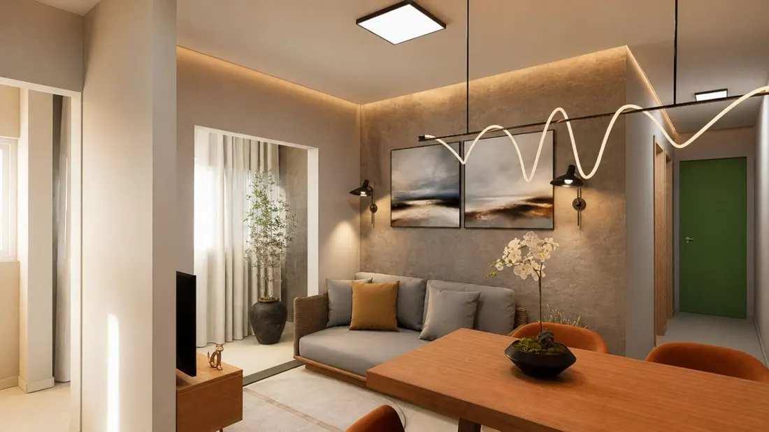 Living do apartamento decorado com sacada integrada